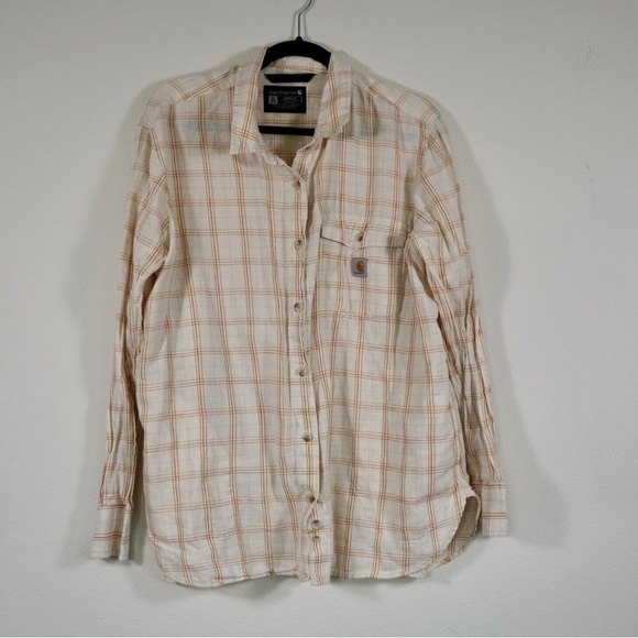 Carhartt Tops - Carhartt Loose Fit Button Shirt Womens XL Cream Plaid Front Pockets Super Soft